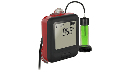 EasyLog EL-WiFi-VACX vaccine data logger with glycol probe, alarm light, and sounder, shown at an angled view.