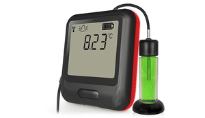 EasyLog EL-WiFi-VACX vaccine data logger with smart glycol probe, alarm warning light, and sounder, shown at an angle from the right.