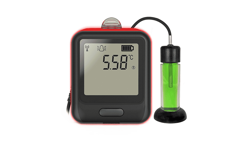EasyLog EL-WiFi-VACX vaccine data logger with smart glycol probe, alarm warning light, and sounder, showing front view.
