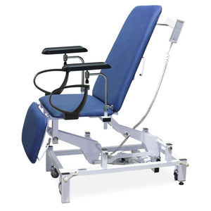 Bristol Maid electric variable height phlebotomy chair with hand switch in Bristol Blue vinyl