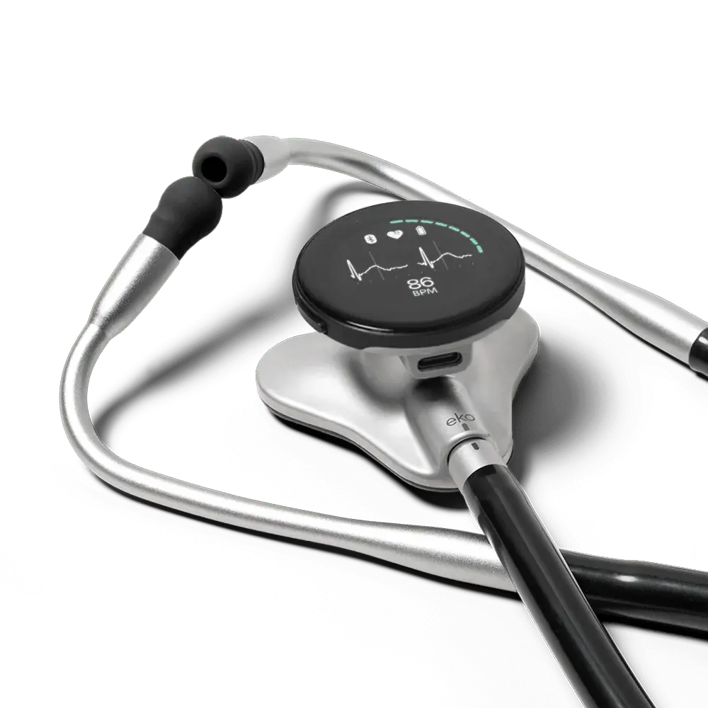 Eko CORE 500™ digital stethoscope with silver chest piece and listening components, designed for precise auscultation.