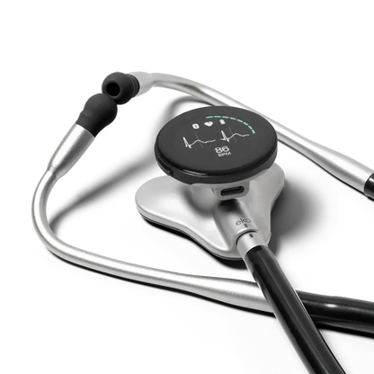 Eko CORE 500™ digital stethoscope with silver chest piece and listening components, designed for precise auscultation.