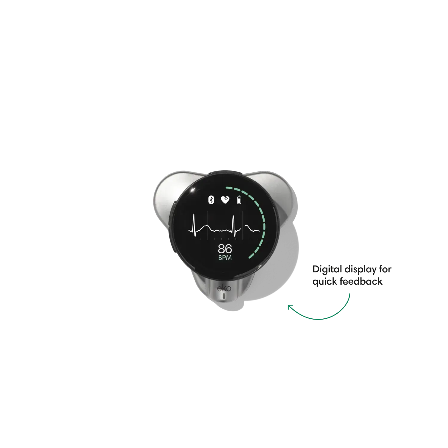 Eko CORE 500™ digital stethoscope in silver with flexible chest piece and digital display, designed for medical professionals.