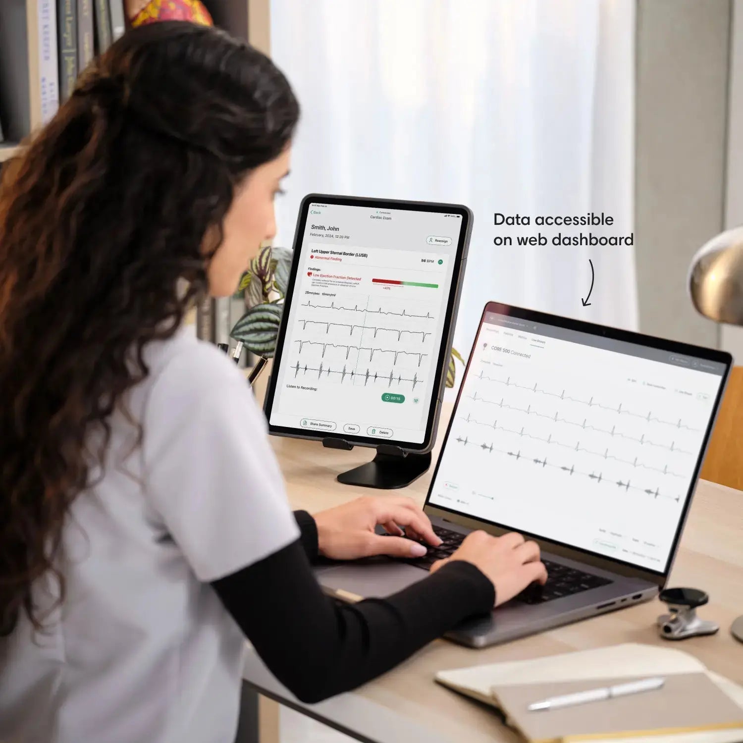 Eko CORE 500™ digital stethoscope with black tubing and chest piece, designed for clear cardiac and lung auscultation.