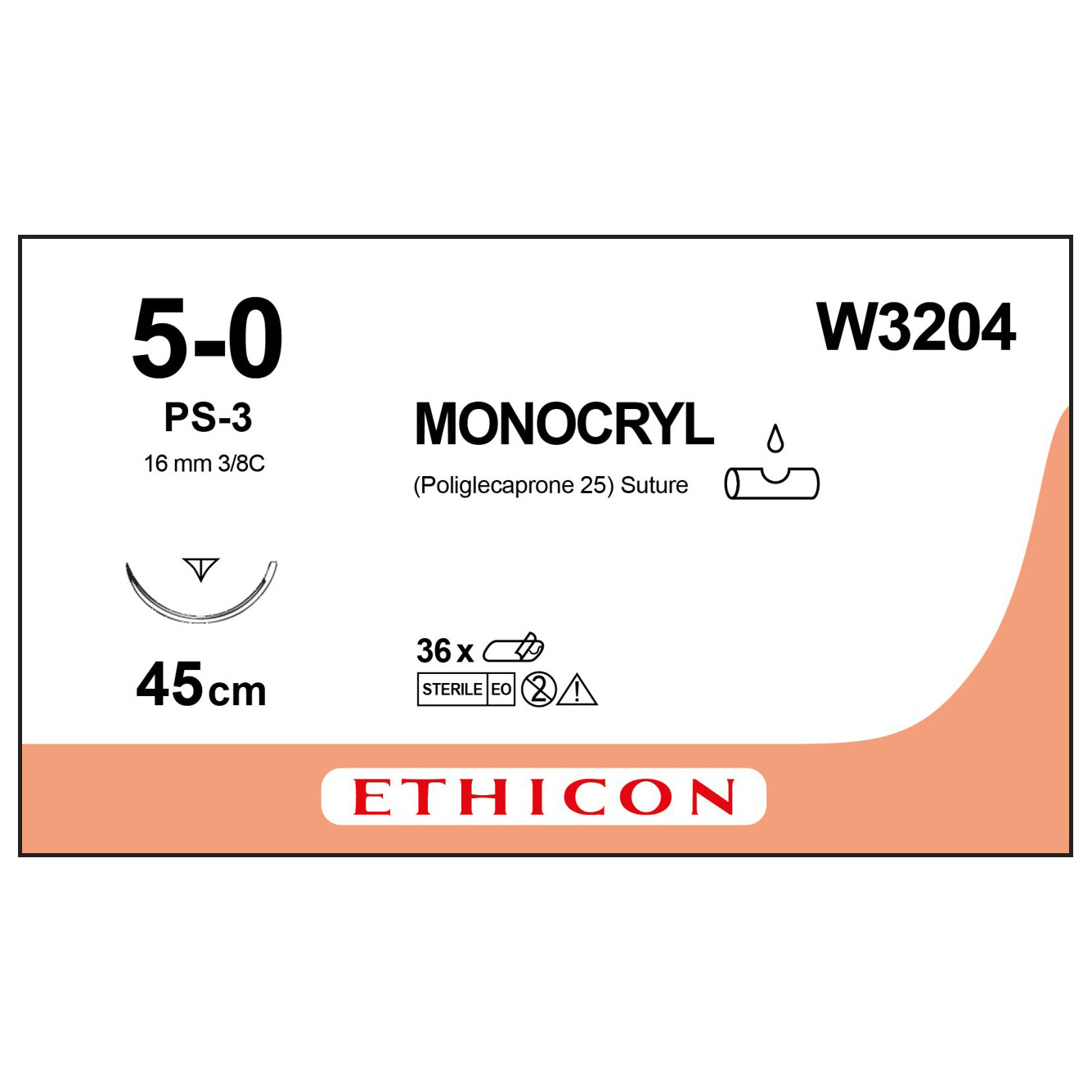 MONOCRYL Suture - 16mm 45cm 5-0 1 (x12) - Undyed Ethicon