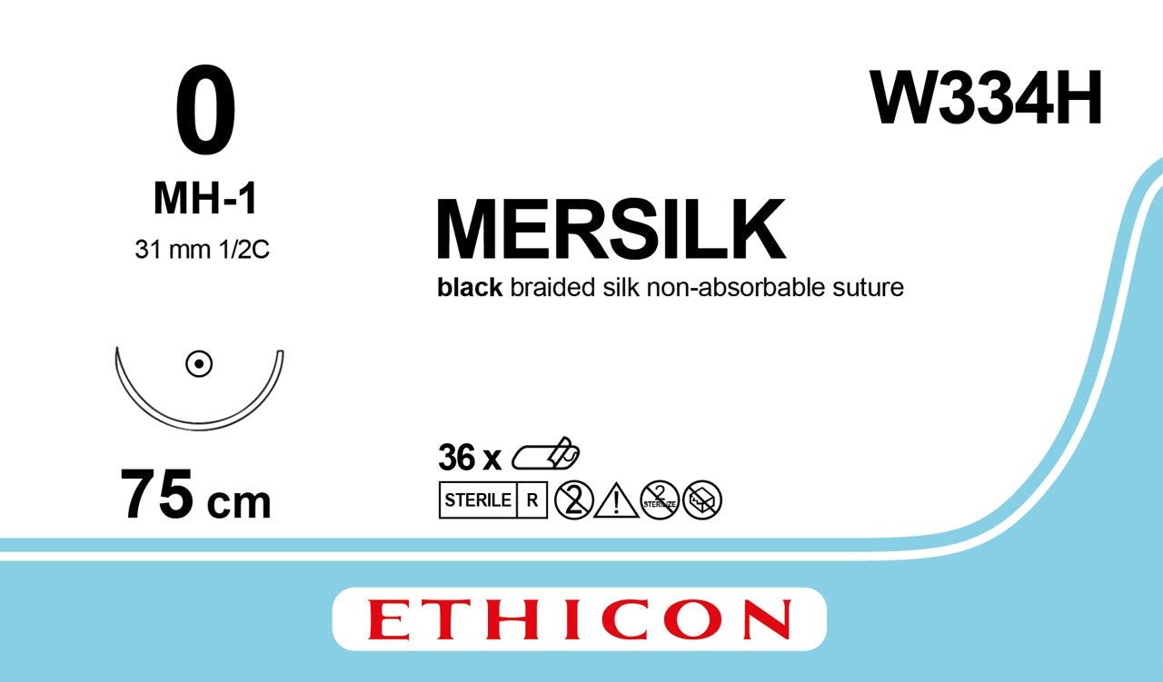 Ethicon silk suture 30-inch 0 black sterile sutures in a box of 36, displayed in a medical setting.