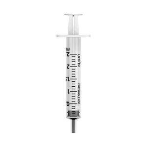 Set of 100 Unifix 2mL reduced dead space syringes by Exchange Supplies, with clear measurement markings and ergonomic design.