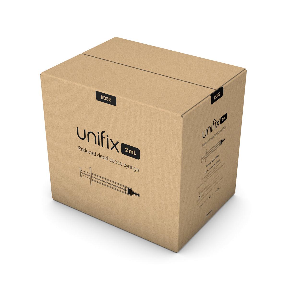 Set of 100 2mL Unifix reduced dead space syringes by Exchange Supplies, showing clear plastic syringes with plungers.