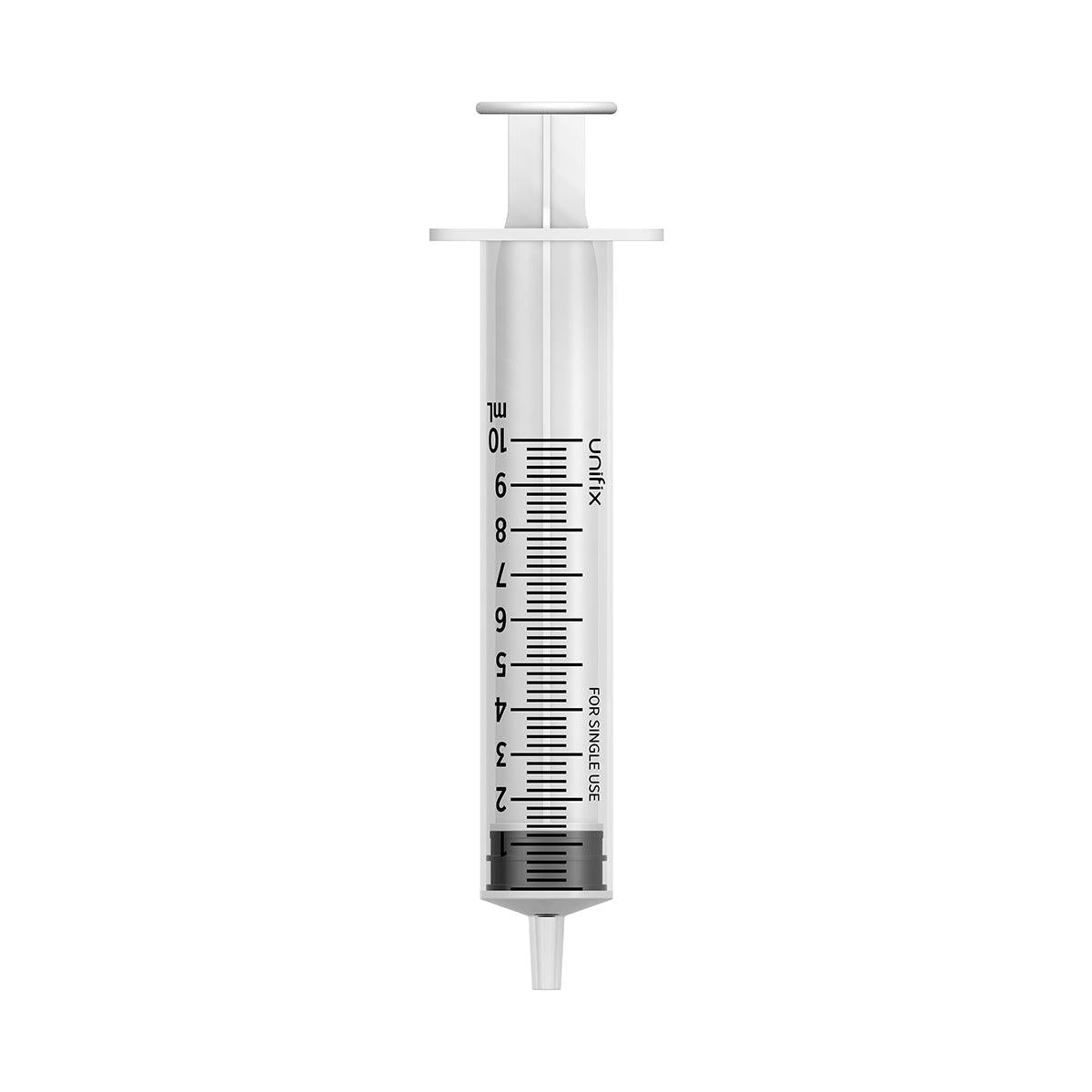 Set of 100 Unifix 10ml Luer Slip Syringe from Exchange Supplies, showing sterile, clear plastic syringes with Luer slip tips.
