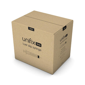 Set of 100 Unifix 10ml Luer Slip Syringe by Exchange Supplies, showing clear plastic syringes with measurement markings