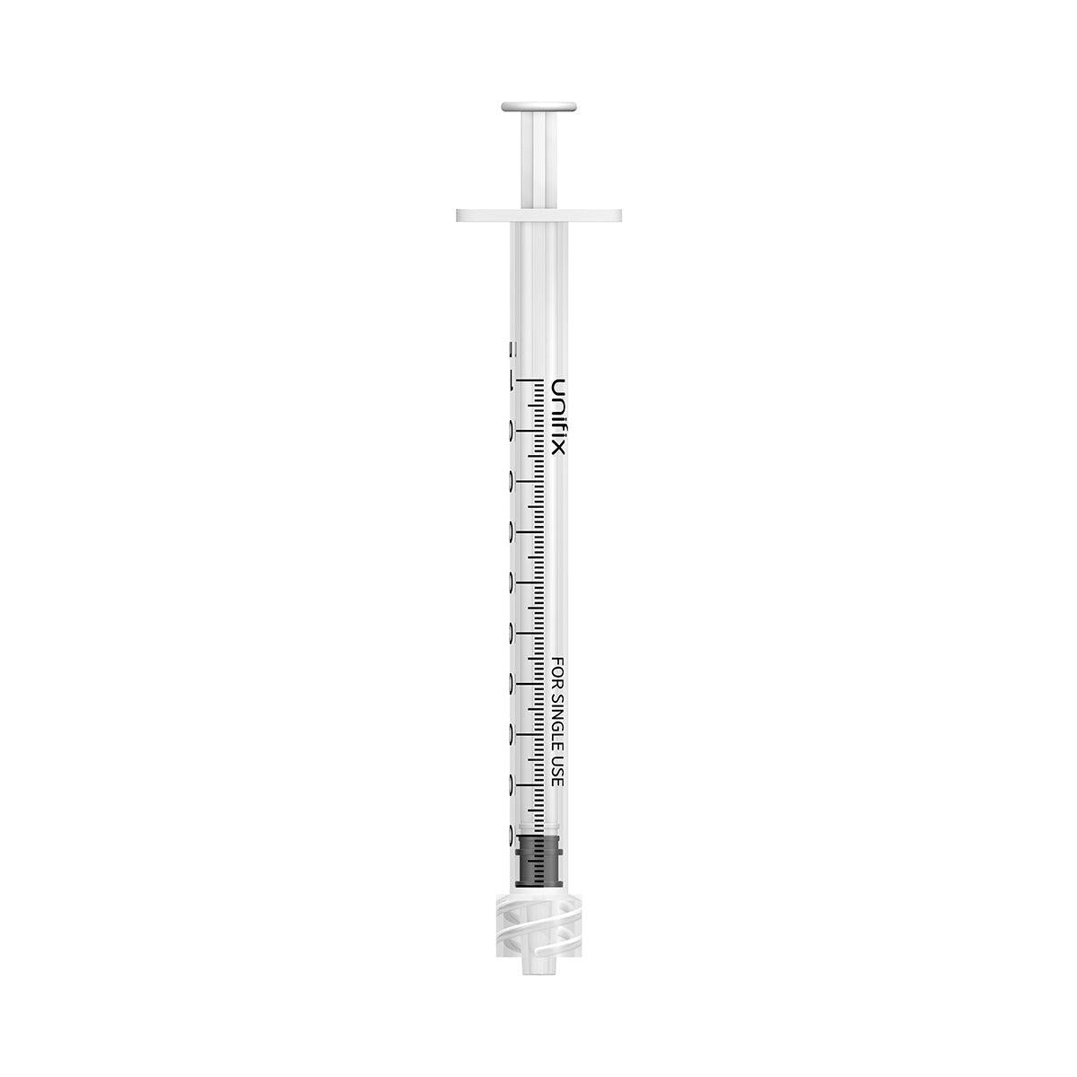Set of 100 Unifix 1ml Luer Lock syringes by Exchange Supplies, showing sterile medical syringes with clear barrels and luer lock tips.