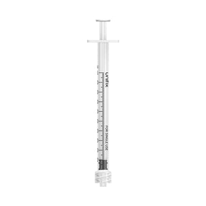 Set of 100 Unifix 1ml Luer Lock syringes by Exchange Supplies, showing sterile medical syringes with clear barrels and luer lock tips.