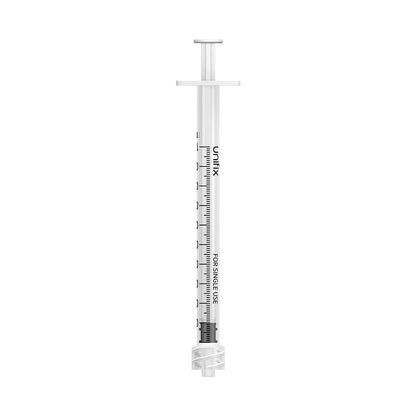 Set of 100 Unifix 1ml Luer Lock syringes by Exchange Supplies, showing sterile medical syringes with clear barrels and luer lock tips.