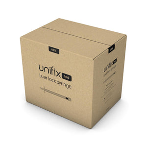 Set of 100 Unifix 1ml Luer Lock syringes from Exchange Supplies, showing sterile medical syringes with clear barrels and blue plungers.