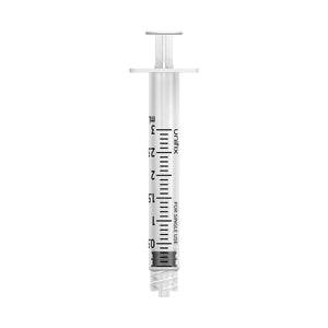 Set of 100 Unifix 3ml Luer Lock syringes from Exchange Supplies, showing sterile plastic syringes with clear measurement markings.