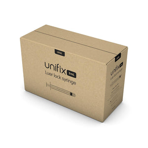 Set of 100 Unifix 3ml Luer Lock syringes with clear barrels and plungers, designed for precise medical or laboratory use.