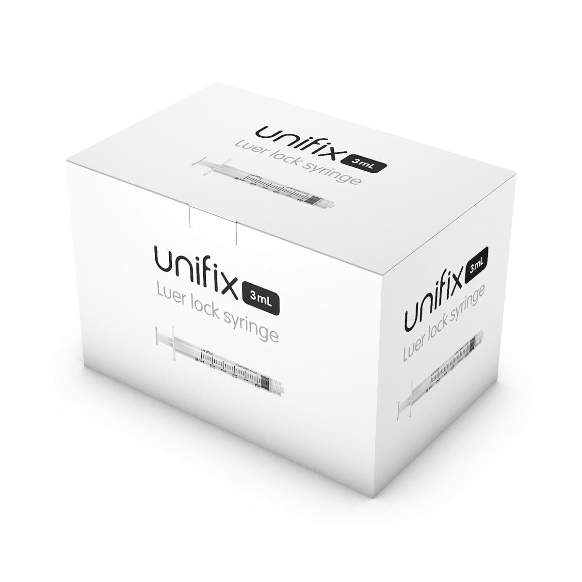 Set of 100 Unifix 3ml Luer Lock syringes from Exchange Supplies, with clear plastic barrels and luer lock tips.