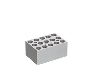 GBO 15 x 1.5 ml centrifuge tubes block for laboratory use, showing clear plastic tubes with screw caps in a white block holder.