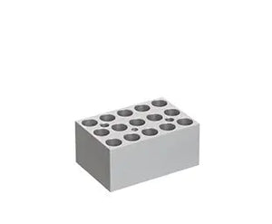GBO 15 x 1.5 ml centrifuge tubes block for laboratory use, showing clear plastic tubes with screw caps in a white block holder.