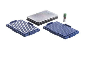 GBO 384 Well µCLEAR Black Bioprinting Kit for high-throughput 3D cell culture, shown with 384-well plate and bioprinting components