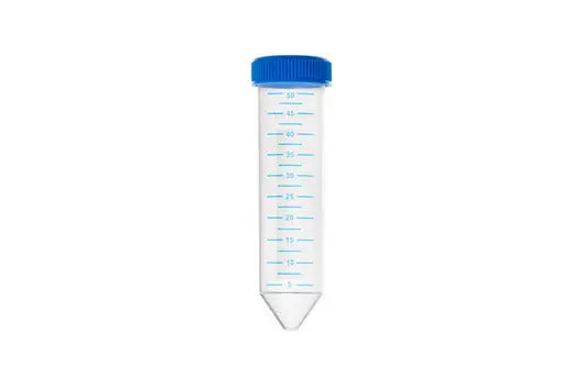 GBO 50 mL polypropylene conical centrifuge tube with blue screw cap, sterile, graduated, measuring 30 x 115 mm, labeled in image.
