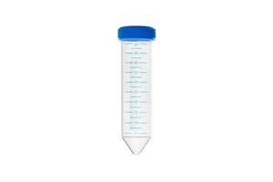 GBO 50 mL polypropylene conical centrifuge tube with blue screw cap, sterile, graduated, measuring 30 x 115 mm, labeled in image.