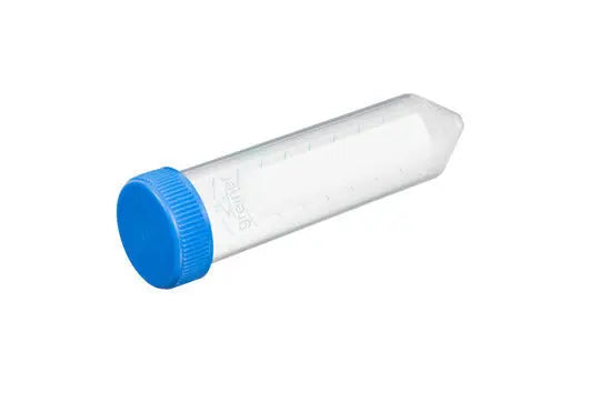 Sterile 50 mL polypropylene conical centrifuge tube with blue screw cap, graduated for precise liquid measurement, by GBO.