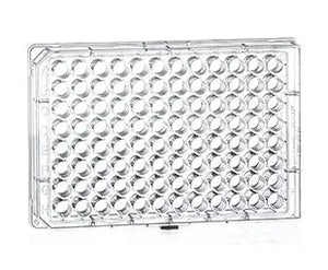 96-well F-bottom cell culture microplate made of polystyrene by GBO, with clear wells for scientific laboratory use