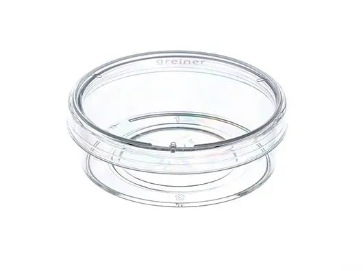 GBO CellView 35mm PS Cell Culture Dish for laboratory use, clear plastic with lid, designed for cell growth and research.