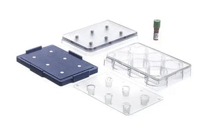 Clear 6-well bio-assembler kit for laboratory use by GBO, showing the assembled wells and transparent container for biotech experiments.