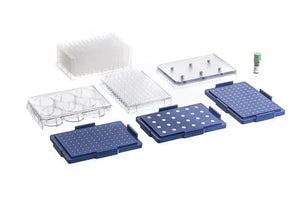 Clear 96-well bio assay kit for laboratory testing by GBO, showing a tray with 96 wells and laboratory equipment.