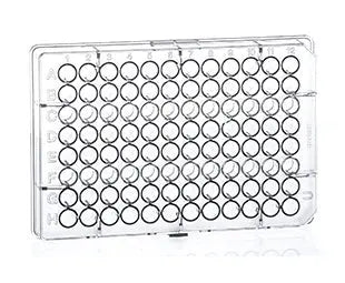 Clear 96-well microplate with U-bottom design made of polystyrene by GBO, showing multiple wells for laboratory testing.