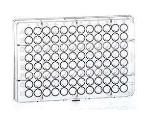 Clear 96-well microplate with U-bottom design made of polystyrene by GBO, showing multiple wells for laboratory testing.