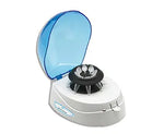 GBO mini centrifuge with UK plug, compact laboratory equipment for efficient sample processing, shown with sample tubes inside.