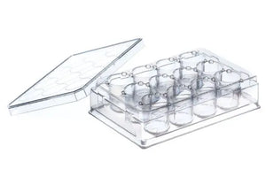 GBO sterile 12-well PS plate with lid for laboratory use, clear plastic wells arranged in a grid, lid on top.