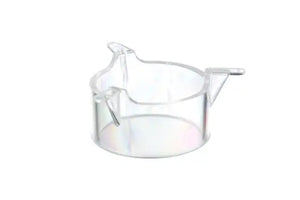 Clear plastic medical measuring cup with spouts on white background