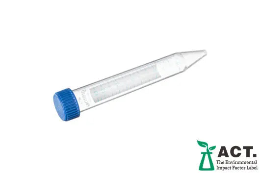 Clear plastic centrifuge tube with blue screw cap, measurement markings, and ACT eco label