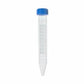 Plastic graduated centrifuge tube with blue screw cap on white background