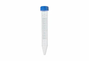 Plastic graduated centrifuge tube with blue screw cap on white background