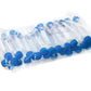Pack of sterile medical syringes with blue caps in clear plastic packaging