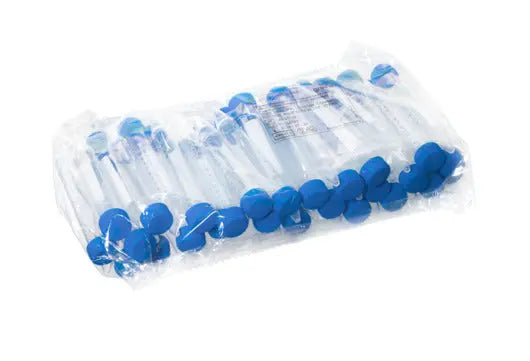Pack of sterile medical syringes with blue caps in clear plastic packaging