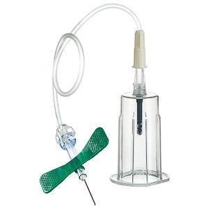 Vacutette safety blood collection set with 21G needle and holder, sterile, 19cm length, GBO brand, shown in the image.