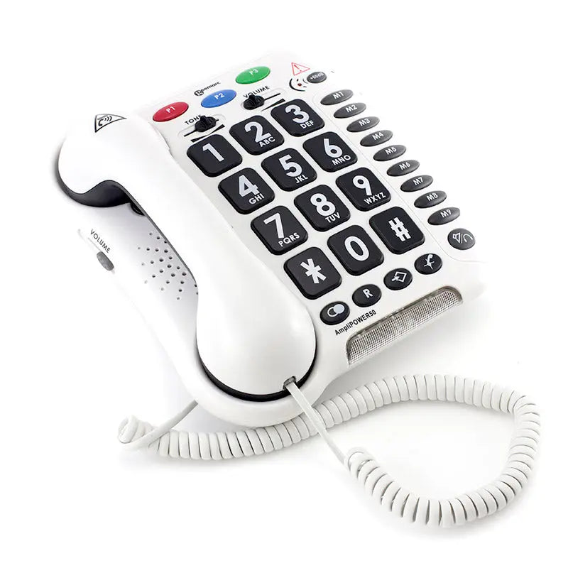 Amplified telephone with large buttons, volume control, and corded handset for easy dialing