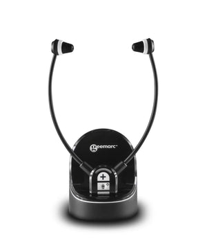Amplified wireless TV headphones with charging base and volume controls for hearing assistance