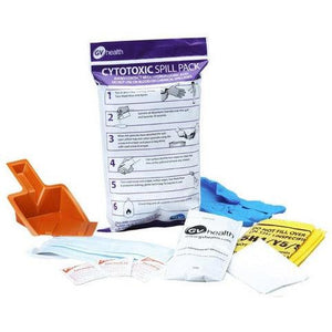 Cytotoxic spill pack from GV Health with safety gloves, absorbent pads, and disposal bags for hazardous spill cleanup.
