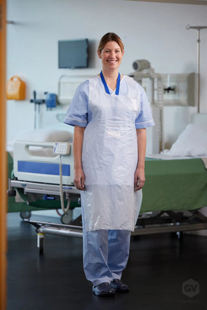 White latex-free healthcare apron by GV Health, roll of 200, designed for medical and clinical use.