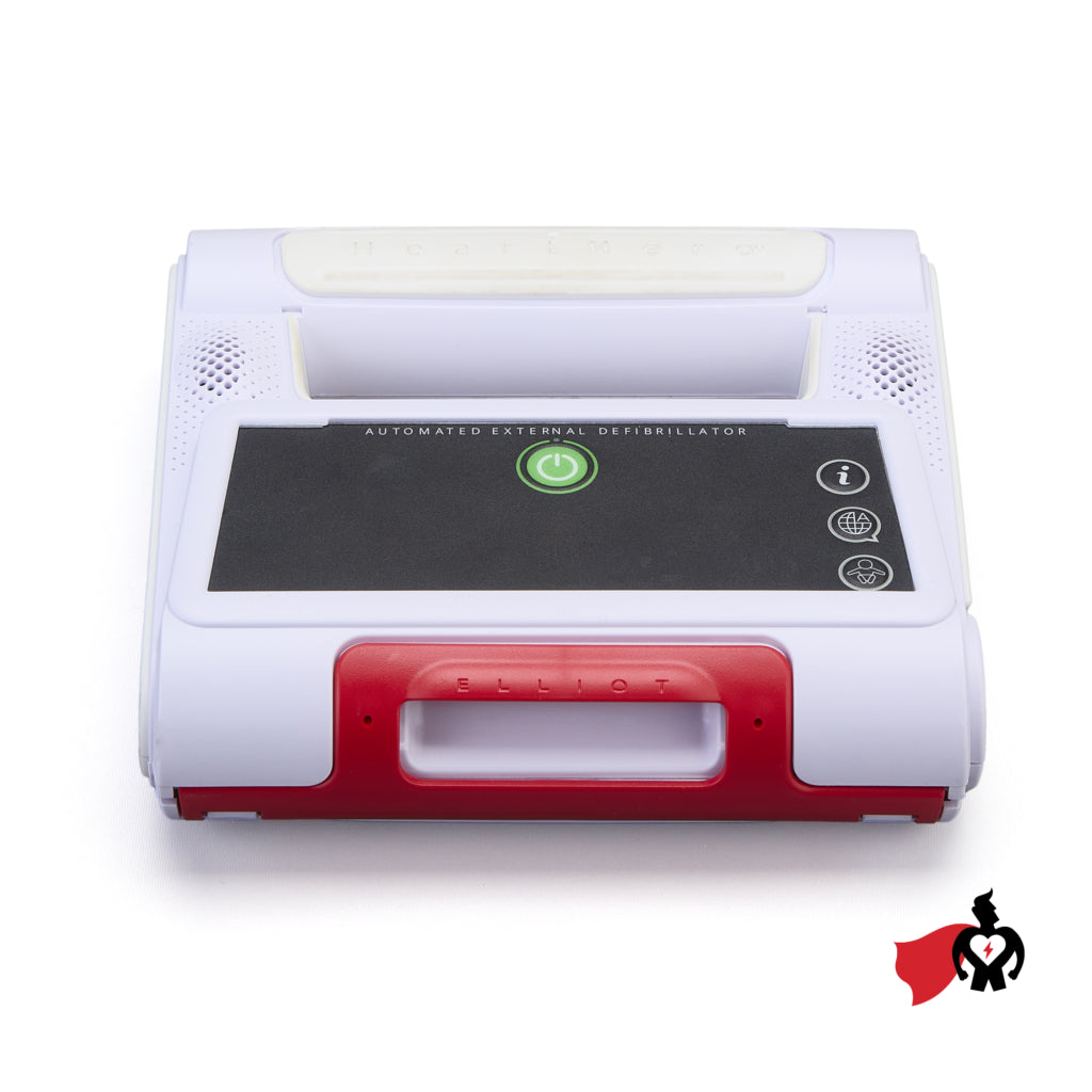 Heart Hero Elliot Automated External Defibrillator showing its compact design and user interface, ready for emergency use.