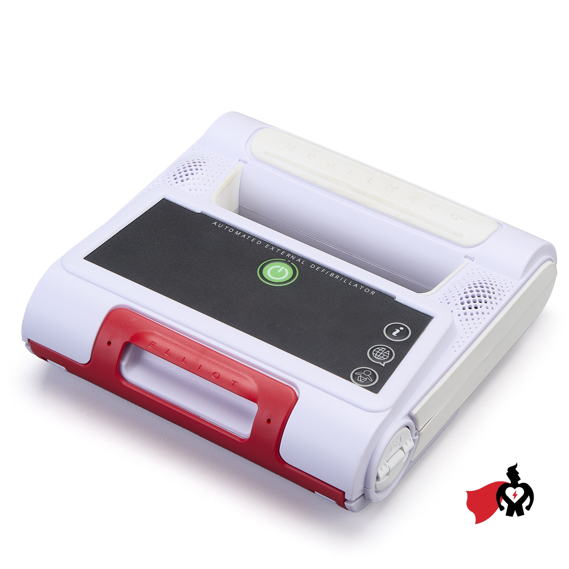 Heart Hero Elliot Automated External Defibrillator with portable design and clear display, used for emergency cardiac care.