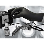 Black box of 100 HPC nitrile powder-free medium gloves, showing the packaging and gloves inside.