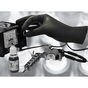 Black box of 100 HPC nitrile powder-free medium gloves, showing the packaging and gloves inside.